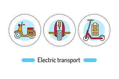 Electric transport outline concept. line color icons. Rent service. Pictograms for web page, mobile app, promo.