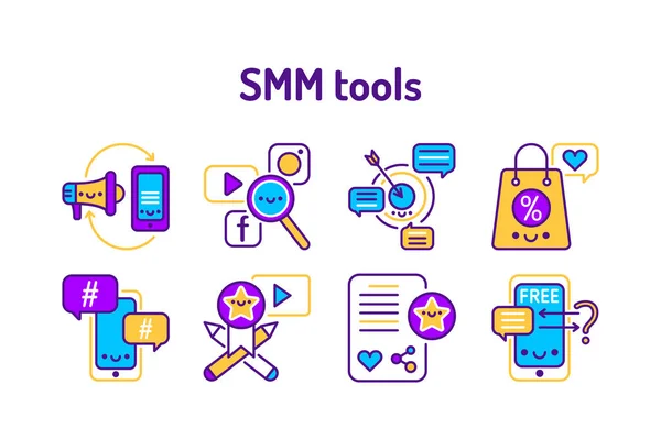 Smm Promotion Service Outline Concept Advertising Line Color Icons Rent — Wektor stockowy