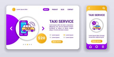 Taksi servisi web pankartı ve mobil uygulama kiti. Çevrimiçi mobil uygulama. Taslak vektör illüstrasyonu.