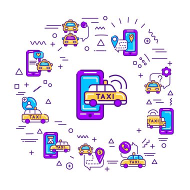 Taksi servisi web pankartı. Beyaz arkaplanda doğrusal simgeleri olan bilgi grafikleri. Yaratıcı fikir konsepti. İzole edilmiş dış hat renk çizelgesi