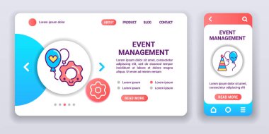 Etkinlik yönetimi web pankartı ve mobil uygulama kiti. Tatil organizasyonu. Taslak vektör illüstrasyonu.