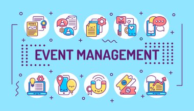 Olay yönetimi kelimesi tipografiyi harflendiriyor. Mavi arkaplanda doğrusal simgeleri olan bilgi grafikleri. Yaratıcı fikir konsepti. İzole edilmiş dış hat renk çizelgesi.