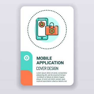 Akıllı telefon broşüründeki mobil uygulamalar. Dijital teknoloji kapak tasarımı. Beyaz arkaplanda doğrusal illüstrasyon çizgi film karakteri olan yazıcı tasarımı.