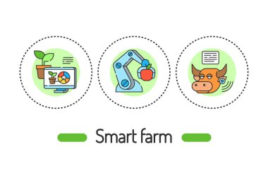 Akıllı çiftlik çizgisi konsepti. Bitki ve hayvan yönetimi çizgi renk simgeleri. Web sayfası için piktogramlar, mobil uygulama, tanıtım
