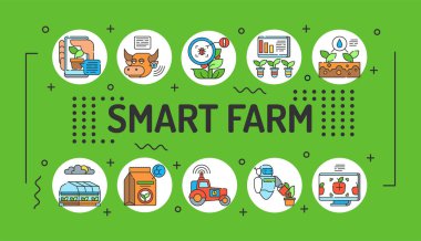 Tipografiyi anlatan akıllı bir çiftlik kelimesi. Yeşil arkaplanda doğrusal simgeleri olan bilgi grafikleri. Yaratıcı fikir konsepti. İzole edilmiş dış hat renk çizelgesi