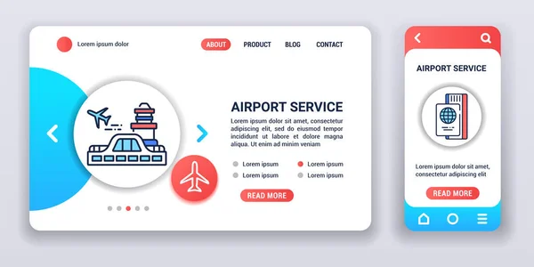 Banner web de servicio de aeropuerto y kit de aplicación móvil. Publicidad. Esquema ilustración vectorial — Archivo Imágenes Vectoriales