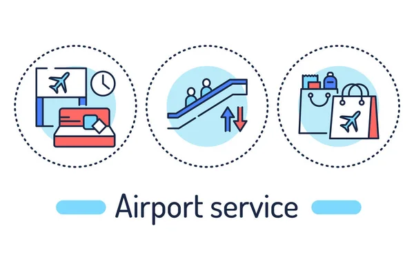 Concepto de esquema de servicio del aeropuerto. Iconos de color de línea de aviación. Pictogramas para página web, aplicación móvil, promo — Vector de stock
