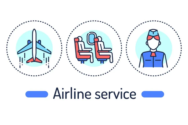 Concepto de esquema de servicio del aeropuerto. Iconos de color de línea de aviación. Pictogramas para página web, aplicación móvil, promo. — Archivo Imágenes Vectoriales