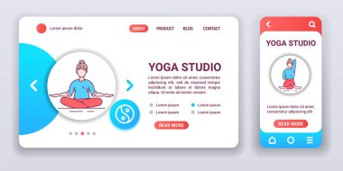 Yoga stüdyosu web pankartı ve mobil uygulama kiti. Jimnastik. Taslak vektör illüstrasyonu