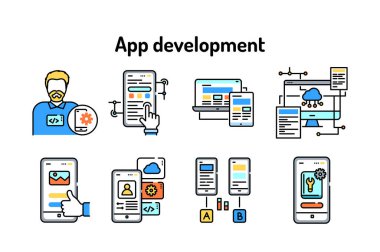 Uygulama geliştirme siyah çizgi simgeleri ayarlandı. Mobil uygulama oluşturuluyor ve kullanılıyor. Web sayfası için piktogramlar, mobil uygulama, tanıtım. UI UX GUI tasarım elemanları. Düzenlenebilir vuruş