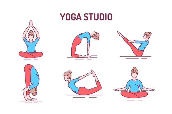Set Icone Della Linea Colore Yoga Diverse Pose Yoga Asana — Vettoriale Stock
