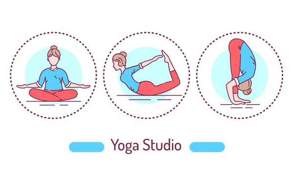 Concetto Studio Yoga Ginnastica Linea Icone Colori Pittogrammi Pagina Web — Vettoriale Stock