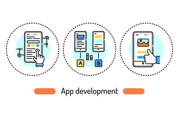 Concepto Esquema Desarrollo Aplicaciones Iconos Color Línea Tecnología Pictogramas Para — Vector de stock