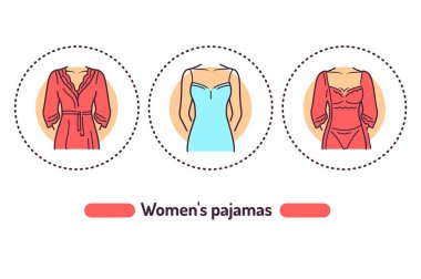 İç çamaşırı konsepti. Kadın kıyafetleri kategorisinde en azından iç çamaşırları, uyku tulumları ve hafif çizgi renk simgeleri var. Web sayfası için piktogramlar, mobil uygulama, tanıtım.