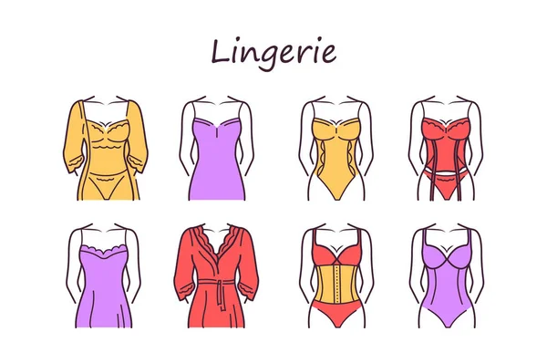 Lingerie icônes de ligne de couleur ensemble. Catégorie de vêtements pour femmes comprenant au moins des sous-vêtements, des vêtements de nuit et des robes légères. Pictogramme pour page web, application mobile, promo. Course modifiable. — Image vectorielle