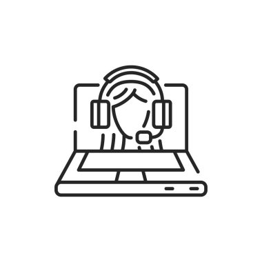 Dizüstü bilgisayarın renk çizgisi simgesinde podcast. Yayıncılık. Düzenlenebilir vuruş.