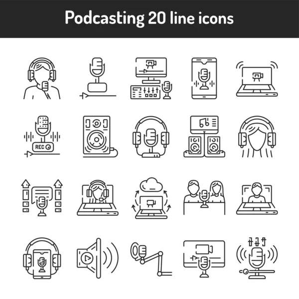 Podcasting Farbe Linie Symbole gesetzt. — Stockvektor