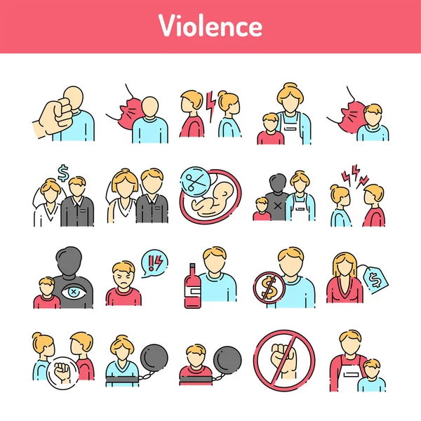 Conjunto Iconos Línea Color Violencia Acoso Abuso Familiar Intimidación Pictogramas — Vector de stock