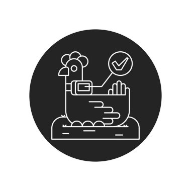 Sistem tavuğu takip ediyor, sensörlerin yardımıyla. Akıllı tarım siyah kabartma simgesi. Kontrol ediyorum. Hayvan yetiştiriciliği. Tarımsal IOT. Web sayfasını imzala, uygulama. UI UX GUI tasarım elementi. Düzenlenebilir vuruş.