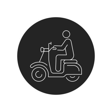 Scooter 'ın siyah simgesine binen kişi. Şehir taşımacılığı. İnternet için piktogram, mobil uygulama, tanıtım. UI UX tasarım elemanı. Düzenlenebilir vuruş