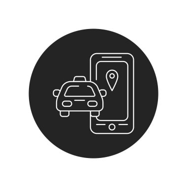 Araba konumu siyah simge simgesi. Çevrimiçi mobil uygulama taksi servisi. İnternet için piktogram, mobil uygulama, tanıtım. UI UX tasarım ögesi
