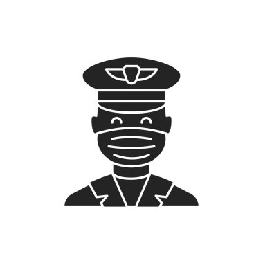 Maskeli pilot siyah kabartma simgesi. İyi yolculuklar. İnternet için piktogram, mobil uygulama, tanıtım. UI UX tasarım ögesi.