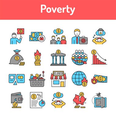Yoksulluk renk çizgisi simgeleri ayarlandı. Web sayfası için piktogramlar, mobil uygulama, tanıtım. UI UX GUI tasarım elemanı. Düzenlenebilir vuruş.