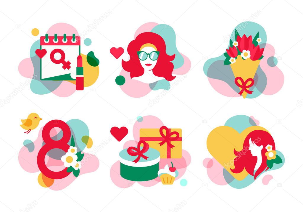 International Womans day flat illustrations. Concept for March 8. Vector cartoon elements on abstract liquid background