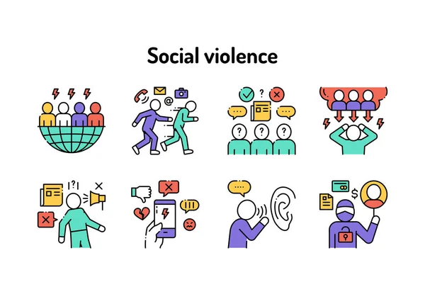 Conjunto Iconos Línea Color Violencia Social Acoso Abuso Social Intimidación — Vector de stock