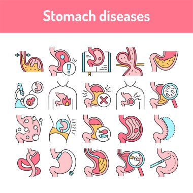 Mide hastalıkları çizgisi simgeleri hazır. İzole vektör elementi. Web sayfası, mobil uygulama, tanıtım için resim taslakları. Düzenlenebilir vuruş.