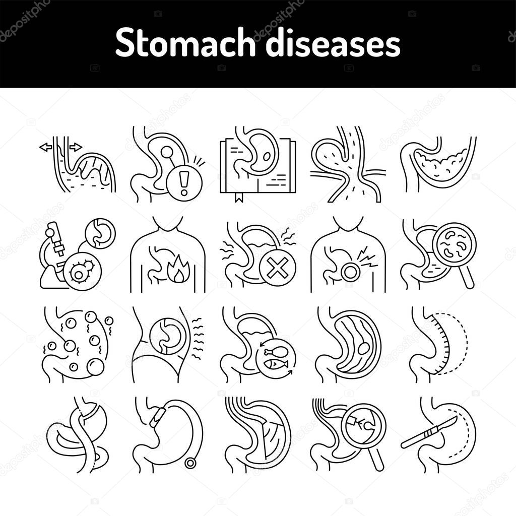 Stomach diseases line icons set. Isolated vector element. Outline pictograms for web page, mobile app, promo. Editable stroke.