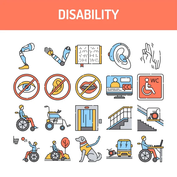 Zeilensymbole Für Behinderungen Gesetzt Isoliertes Vektorelement Umrisse Piktogramme Für Webseite — Stockvektor