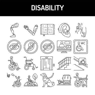 Engelli çizgisi simgeleri ayarlandı. İzole vektör elementi. Web sayfası, mobil uygulama, tanıtım için resim taslakları. Düzenlenebilir vuruş.