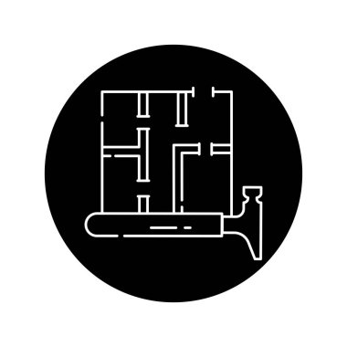 Ereksiyon bölümleri evdeki siyah kabartma simgesinde. Web sayfası için piktogram, mobil uygulama, tanıtım. UI UX GUI tasarım elemanı. Düzenlenebilir vuruş.