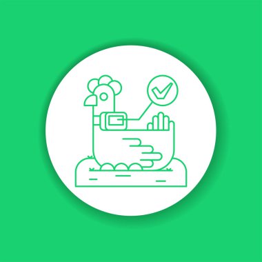 Sistem tavuğu takip ediyor, sensörlerin yardımıyla. Akıllı çiftçilik renk sembolü. Kontrol ediyorum. Hayvan yetiştiriciliği. Tarımsal IOT. Web sayfasını imzala, uygulama. UI UX GUI tasarım elementi. Düzenlenebilir vuruş