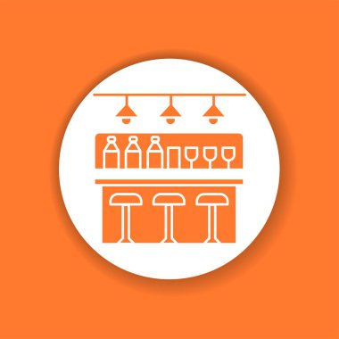 Bar, kafe ya da bar rengi ikonu. Bar tezgahı, sandalyeler ve alkol şişeli raflar. Web sayfası için piktogram, mobil uygulama, tanıtım. UI UX GUI tasarım elemanı. Düzenlenebilir vuruş.