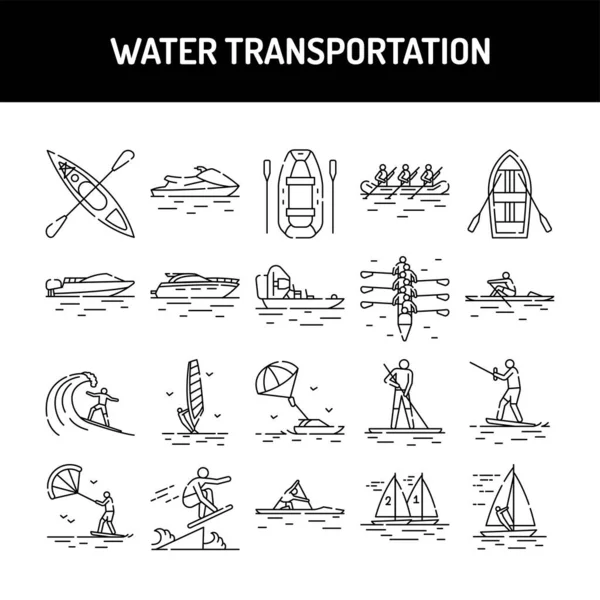 Water transportation line icons set. Isolated vector element. Outline pictograms for web page, mobile app, promo. Editable stroke.