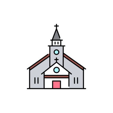 Kilise inşa çizgisi renk ikonu. Din. Web sitesi, mobil uygulama, afiş, sosyal medya için imza. Düzenlenebilir vuruş.