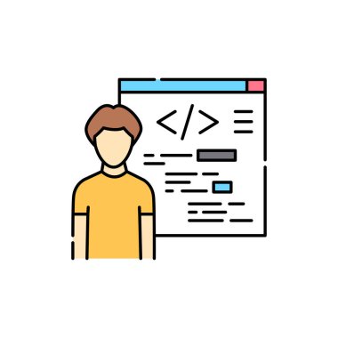 Çocuk renk çizgisi simgesi için programlama kursları. Çocuklar öğreniyor. Web sayfası için piktogram, mobil uygulama, tanıtım. UI UX GUI tasarım elemanı. Düzenlenebilir vuruş.