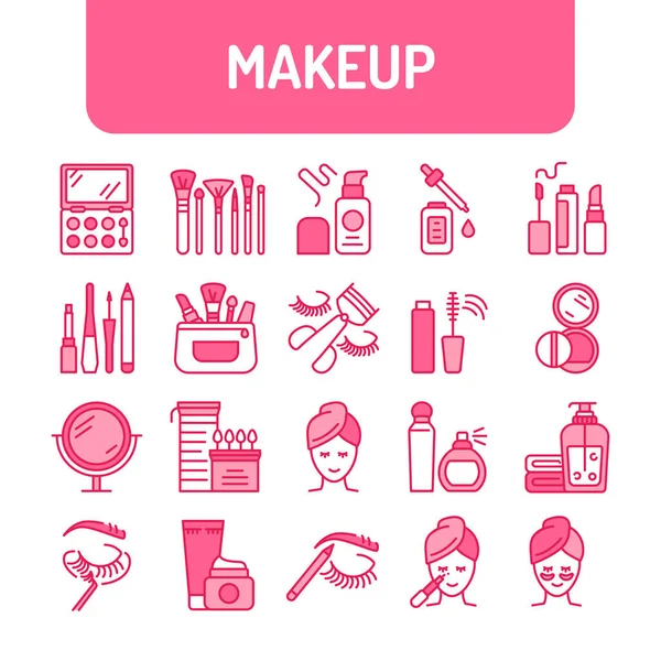 Productos Cosméticos Maquillaje Facial Profesional Línea Iconos Color Conjunto Cuidado — Archivo Imágenes Vectoriales