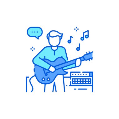 Adam gitar rengi simgesinde çalıp şarkı söylüyor. Eğlenmek için. Ev tatili. Vektör izole illüstrasyon. Düzenlenebilir vuruş.