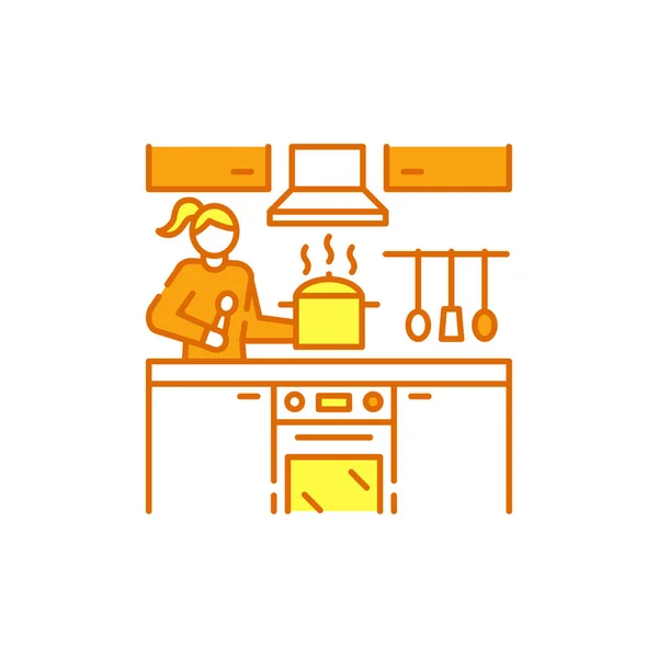 女人站在厨房里准备彩线图标 家庭内部 有餐具 家具的房间的室内视图 矢量孤立的例子 可编辑笔划 — 图库矢量图片
