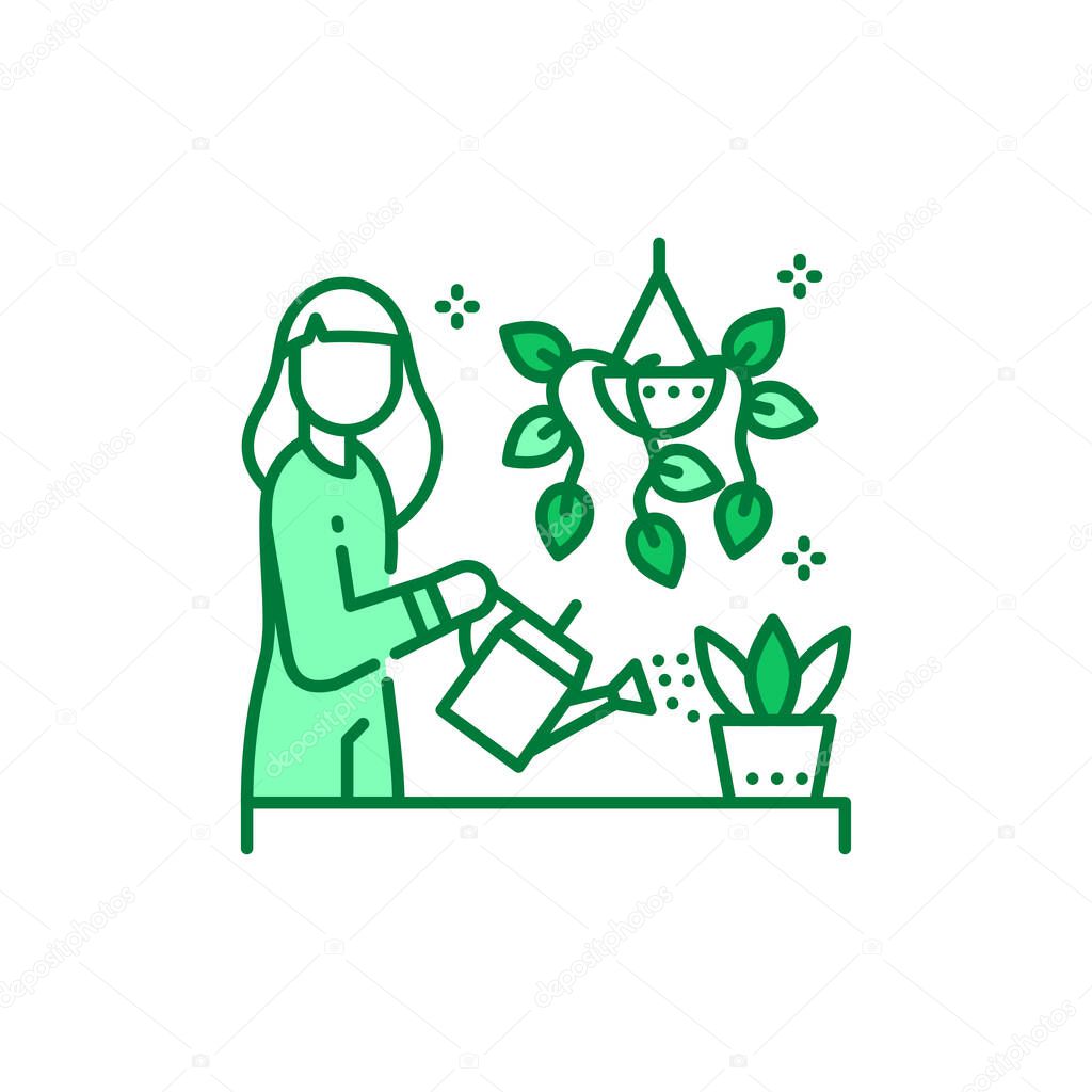 Girl is standing and watering flower color line icon. Home leisure. Plant care. Vector isolated illustration. Editable stroke