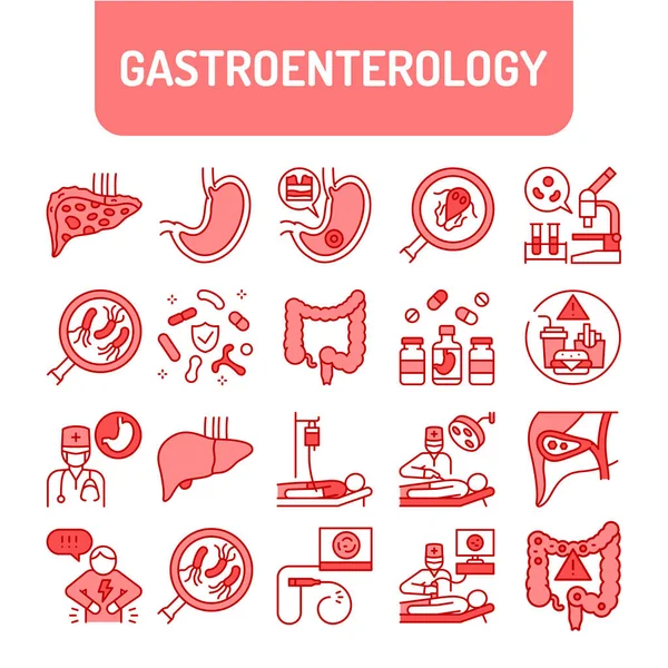 Gastroenterology Color Line Icons Set Abdominal Medical Examination — Stock Vector