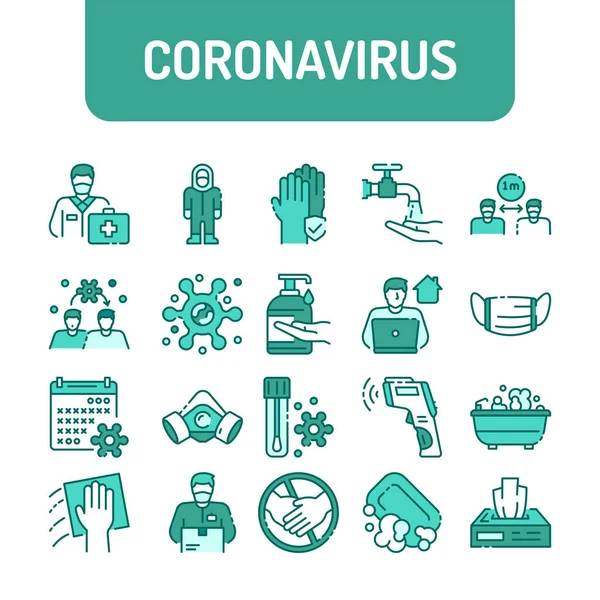 Verhindern der Ausbreitung Coronavirus Farbe Linie Symbole gesetzt. — Stockvektor