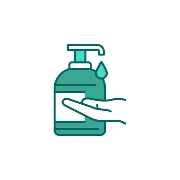 抗菌石鹸と手の色のラインアイコン。手を洗う. — ストックベクタ