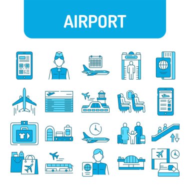 Havaalanı servis renk çizgisi simgeleri ayarlandı. Uluslararası uçuşlar. Web sayfası için piktogramlar, mobil uygulama, tanıtım. UI UX GUI tasarım elemanları. Düzenlenebilir vuruş