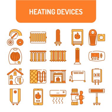Isıtma cihazları renk çizgisi simgeleri ayarlandı. Web sayfası için piktogram, mobil uygulama, tanıtım. UI UX GUI tasarım elemanı. Düzenlenebilir vuruş.