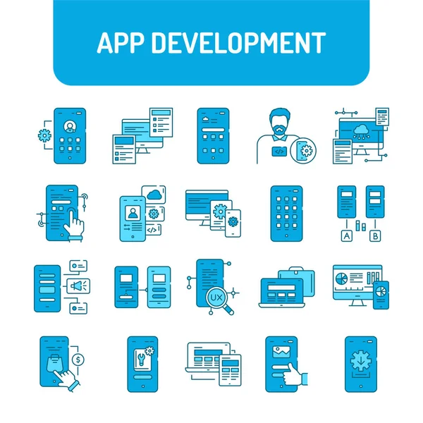 Conjunto Iconos Línea Color Desarrollo Aplicaciones Creación Uso Una Aplicación — Vector de stock