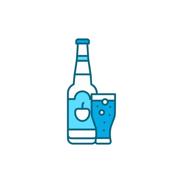 Cider fles en glas kleur lijn pictogram. Alcoholhoudende dranken. — Stockvector